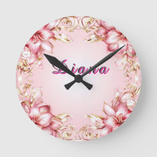 Eleganter Blumenrahmen mit rosa Lily Designs Runde Wanduhr