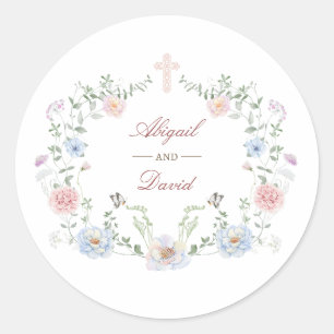 Eleganter Blumenrahmen Religiöse Hochzeit Runder Aufkleber