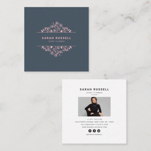 Eleganter Blumenrahmen Rosa blauer Marineblader Quadratische Visitenkarte (Vorne/Hinten)