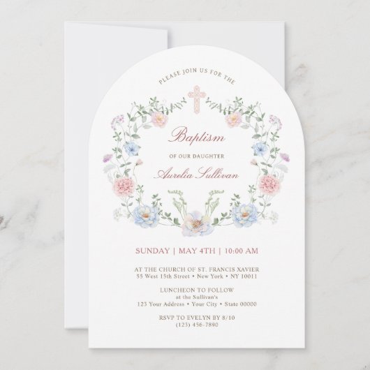 Eleganter Blumenrahmen Taufe Einladung (Vorderseite)