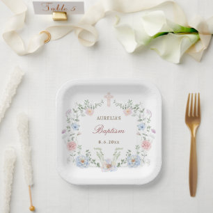 Eleganter Blumenrahmen Taufe Pappteller