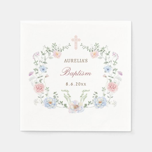 Eleganter Blumenrahmen Taufe Serviette (Vorderseite)