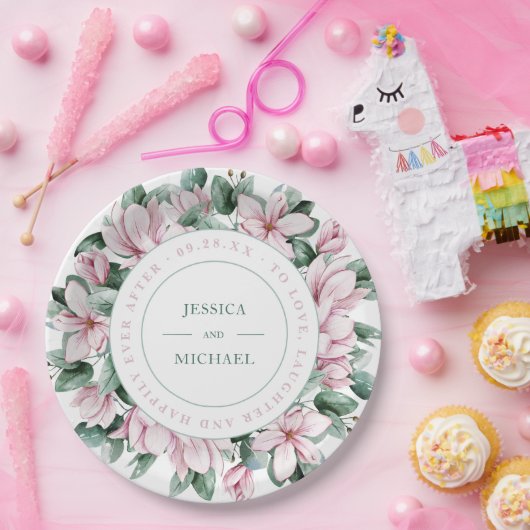 Eleganter Blumenreath Dusty Pink Magnolia Wedding Pappteller (Party)