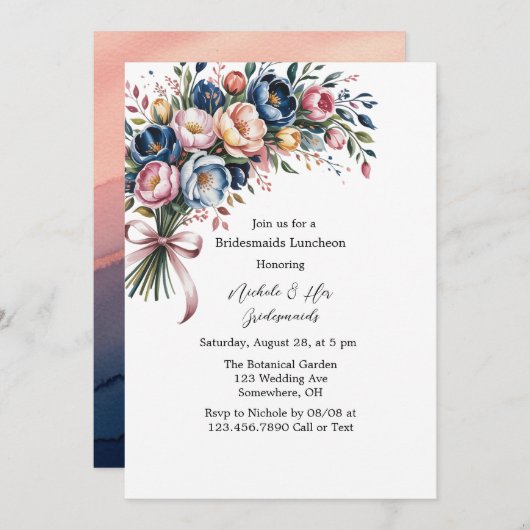 Eleganter Blumenreath für Bridesmaids Luncheon Einladung (Vorne/Hinten)