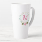 Eleganter Blumenreath mit rosa Monogramm und Rose Milchtasse (Rechte Ecke)