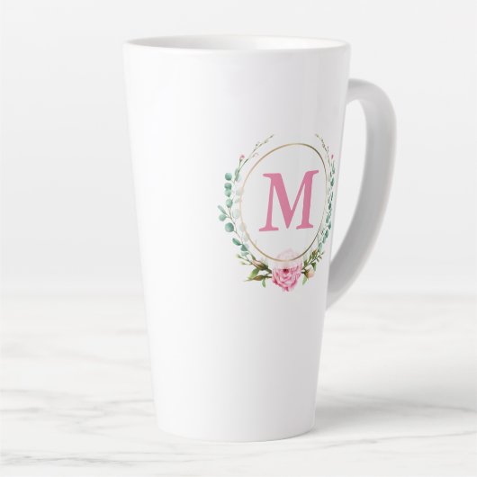 Eleganter Blumenreath mit rosa Monogramm und Rose Milchtasse (Rechte Ecke)