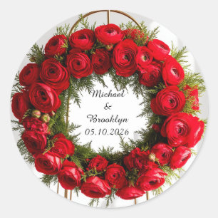 Eleganter Blumenreath mit Rote Rosen geschmückt Runder Aufkleber