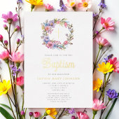 Eleganter Blumenreath Religious Girl Baptism Gold Folieneinladung