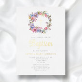 Eleganter Blumenreath Religious Girl Baptism Gold Folieneinladung