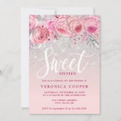 Eleganter, blumenreicher Glitzer 16 . Geburtstag Einladung (Vorderseite)