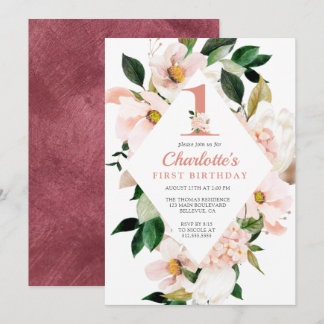 Eleganter Blumenrosa Erster Geburtstag Einladung