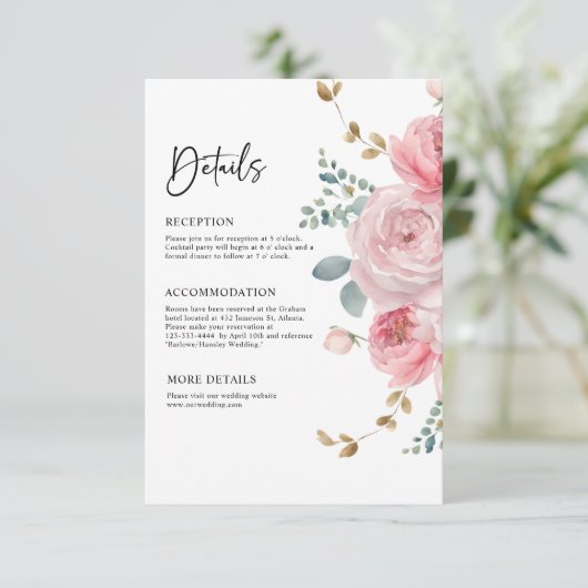 Eleganter Blumenrosa Garten Hochzeitsdetails Begleitkarte (Stehend Vorderseite)