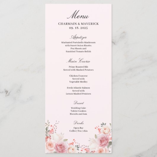 Eleganter Blumenrosa Hochzeitstisch Menükarte (Vorderseite)
