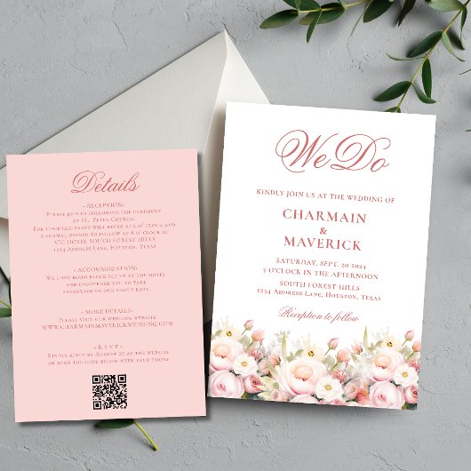 Eleganter Blumenrosa QR-Code für Hochzeit Einladung