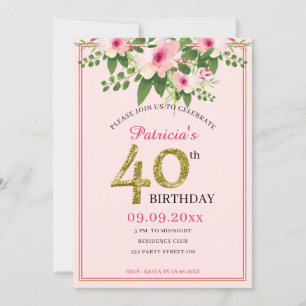 Eleganter Blumenrosa und Gold 40. Geburtstag Einladung
