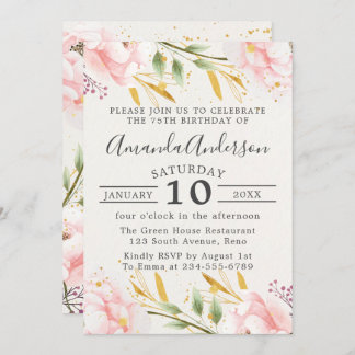 Eleganter Blumenrosa und Gold 75. Geburtstag Einladung