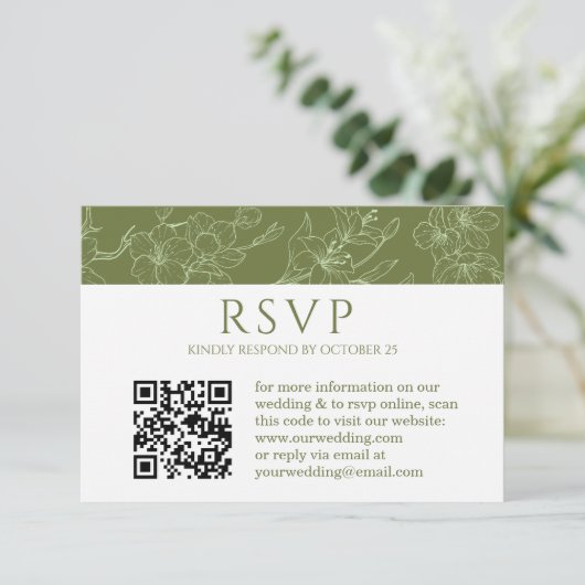Eleganter Blumenstrauß Grüne Hochzeit QR UAWG Car RSVP Karte (Stehend Vorderseite)