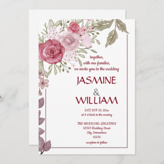 Eleganter Blumenstrauß in Rosa, lila, Beige Einladung (Vorne/Hinten)