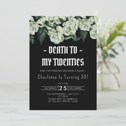 Eleganter Blumentod an meine Zwanziger, 30. Geburt Einladung (Stehend Vorderseite)