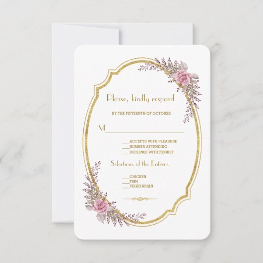 Eleganter Blush Bloral Gold Frame Wedding RSVP (Vorderseite)