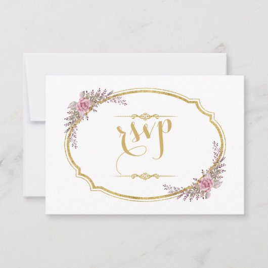 Eleganter Blush Bloral Gold Frame Wedding RSVP Karte (Vorderseite)