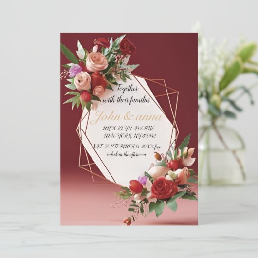 Eleganter Blush Bloral Gold Rahmen Einladung Hochz (Stehend Vorderseite)