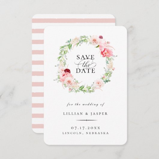 Eleganter Blush Blumenreath Save the Date Ankündigung (Vorne/Hinten)