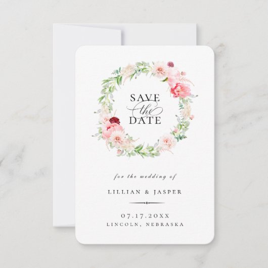 Eleganter Blush Blumenreath Save the Date Ankündigung (Vorderseite)