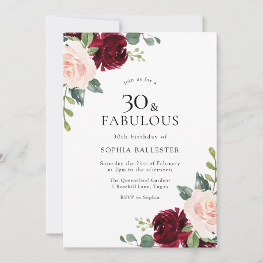 Eleganter Blush & Burgund Wasserfarbe 30. Geburtst Einladung (Vorderseite)