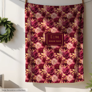 Eleganter Blush Burgundy Gold Floral Personalisier Fleecedecke
