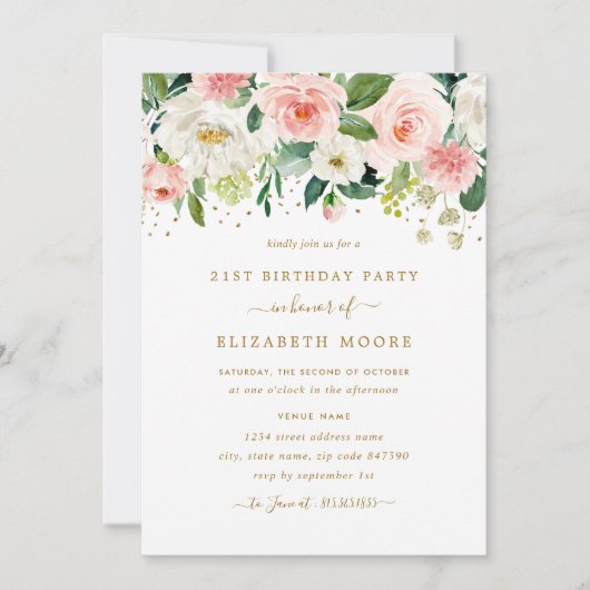 Eleganter Blush Gold 21. Geburtstag Einladung (Vorderseite)