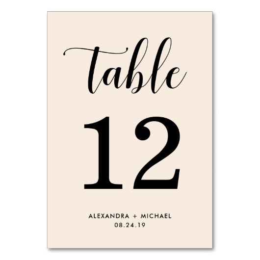 Eleganter Blush mit schwarzer Typografie Tischnummer (Rückseite)