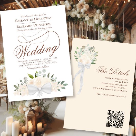 Eleganter Blush Peach Floral Bouquet QR Code Hochz Einladung