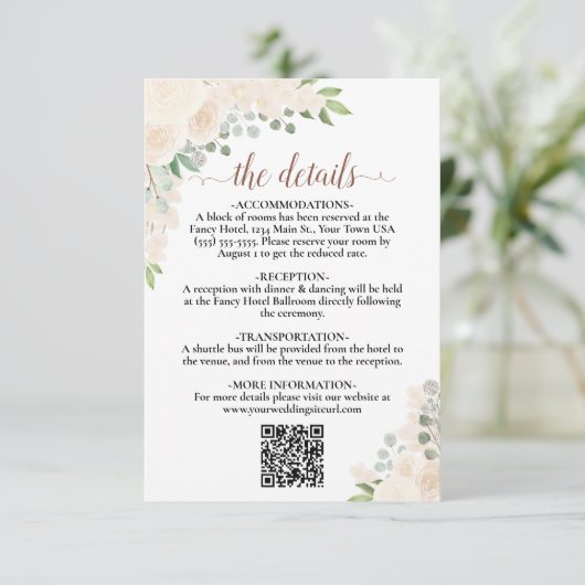 Eleganter Blush Peach Floral Wedding Details QR Co Begleitkarte (Stehend Vorderseite)