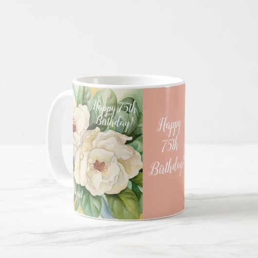 Eleganter Blush Pink 75. Geburtstag Blumenzettel Kaffeetasse (Vorderseite Links)