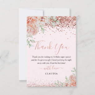 Eleganter Blush Pink Blumen Glitzer Geburtstag Dankeskarte