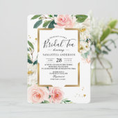 Eleganter Blush Pink Blütengoldrahmen & Tropfen Einladung (Stehend Vorderseite)
