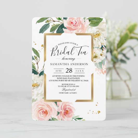 Eleganter Blush Pink Blütengoldrahmen & Tropfen Einladung (Stehend Vorderseite)