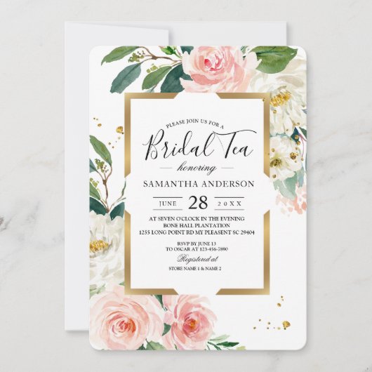 Eleganter Blush Pink Blütengoldrahmen & Tropfen Einladung (Vorderseite)