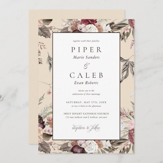 Eleganter Blush Pink Burgund Bläserner Hochzeitsem Einladung (Vorne/Hinten)