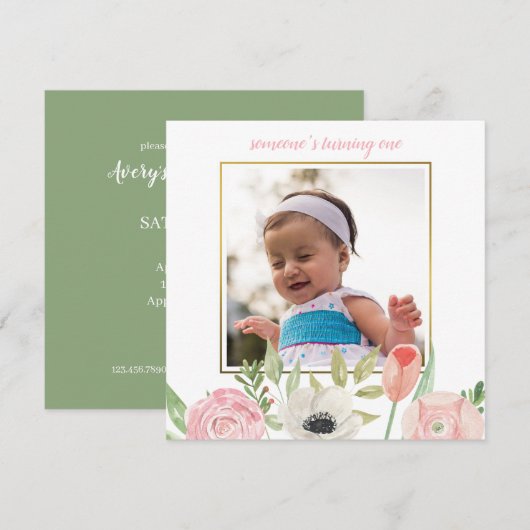 Eleganter Blush Pink Floral Frame Baby 1. Geburtst Einladung (Vorne/Hinten)