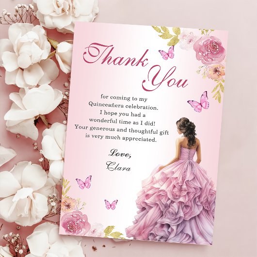 Eleganter Blush Pink Floral Quinceañera Geburtstag Dankeskarte