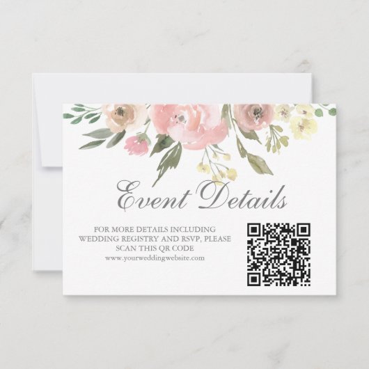 Eleganter Blush Pink Floral Wedding Details QR Cod RSVP Karte (Vorderseite)