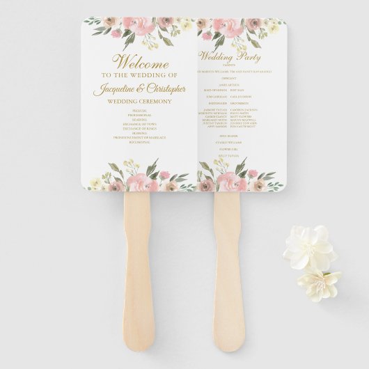 Eleganter Blush Pink Gold Floral Wedding Program F Fächer (Vorne und Hinten)