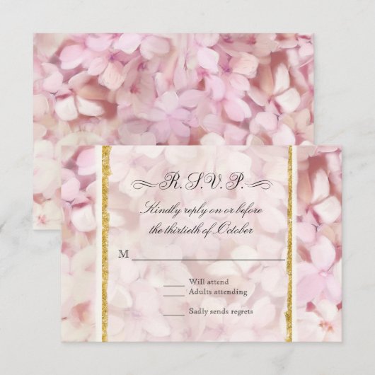 Eleganter Blush Pink Hydrangea Moderner Gold Glitz RSVP Karte (Vorne/Hinten)