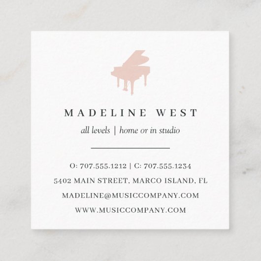 Eleganter Blush Pink Piano Lehrer für Musik Quadratische Visitenkarte (Rückseite)