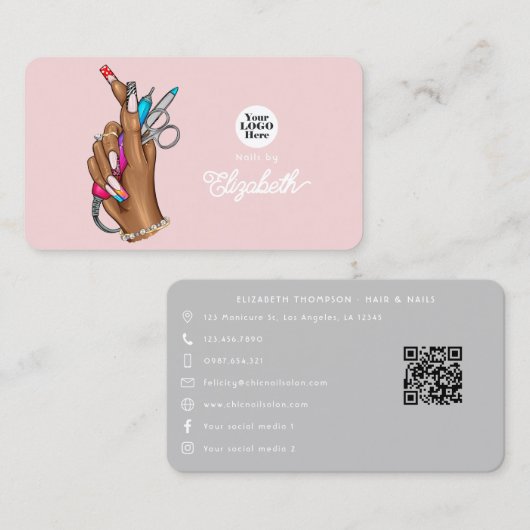Eleganter Blush Pink und Silver Nail Salon Visitenkarte (Vorne/Hinten)
