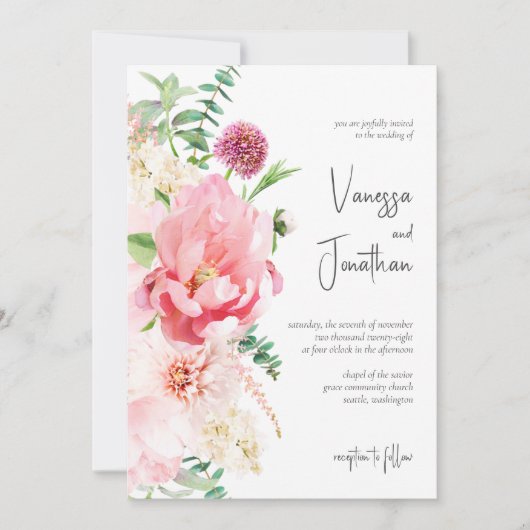 Eleganter Blush Pink White Floral Stilvoller Vorna Einladung (Vorderseite)