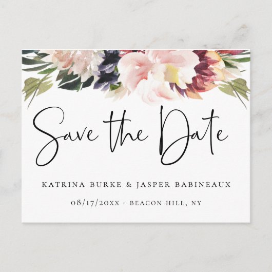 Eleganter Blush Plum Bloral Save the Date Ankündigungspostkarte (Vorderseite)