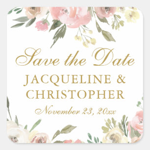 Eleganter Blush-Rosa-Gold-Blumen- Save-the-Date-Ze Quadratischer Aufkleber